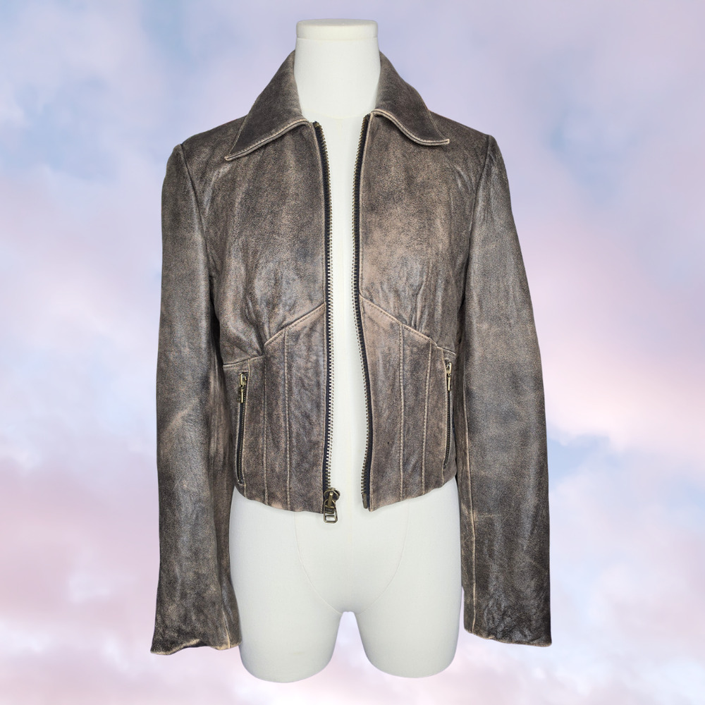 Vtg Y2k 2000s Guess Brown Distressed Worn Zip Up Emma Chamberlain Moto Jacket M - Picture 3 of 8